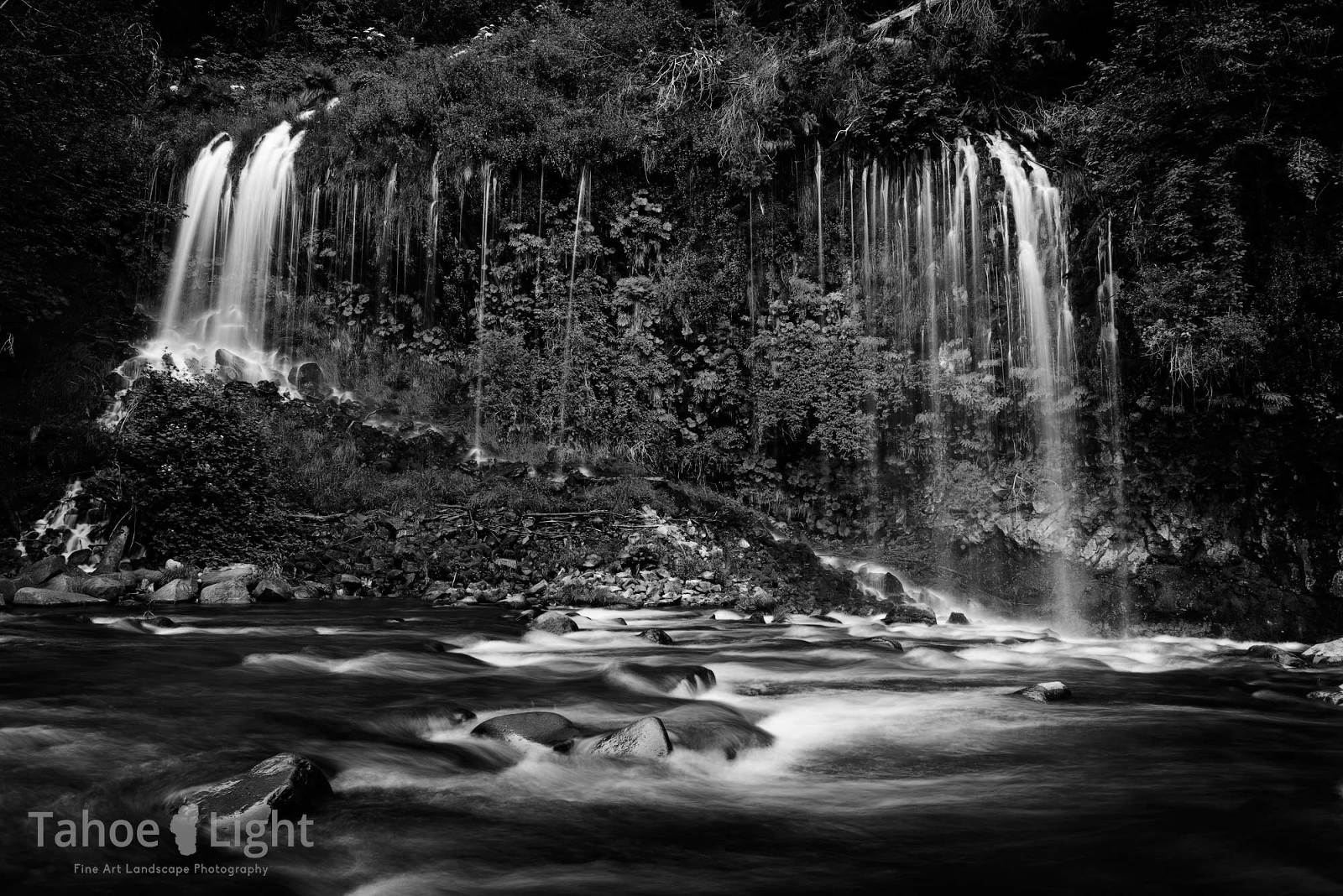 Black and white landscape photo of Mossbrae Falls