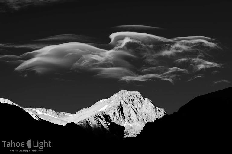 Stunning black and white photograph of the high sierra with unique cloud forms