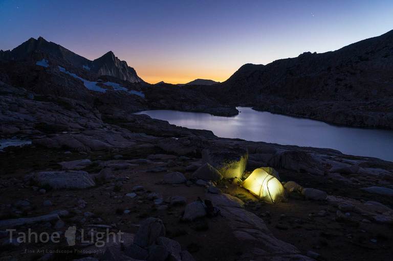 glowing tent by a lake in bear lakes basin