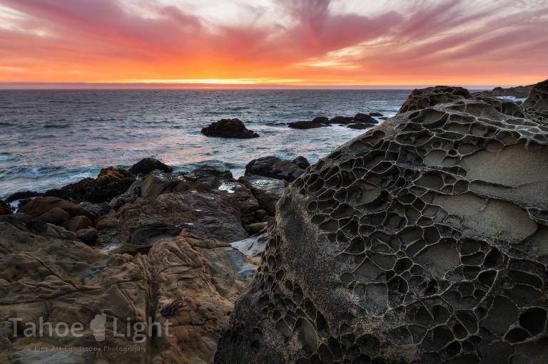 Landscape photograph of the tafoni rock at sunset at Salt Point State Park